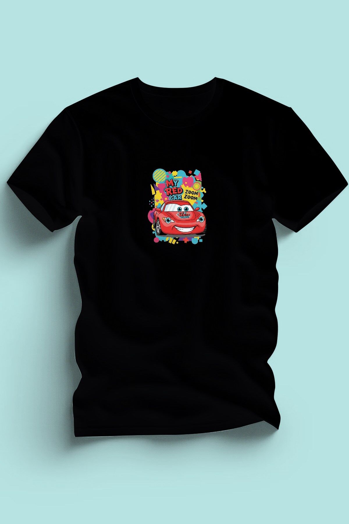 Maki Home Erkek Kırmızı Araba Baskılı Siyah Tshirt 5 6 7 8 9 10 11 12 13 14 yaş tişört 7-8